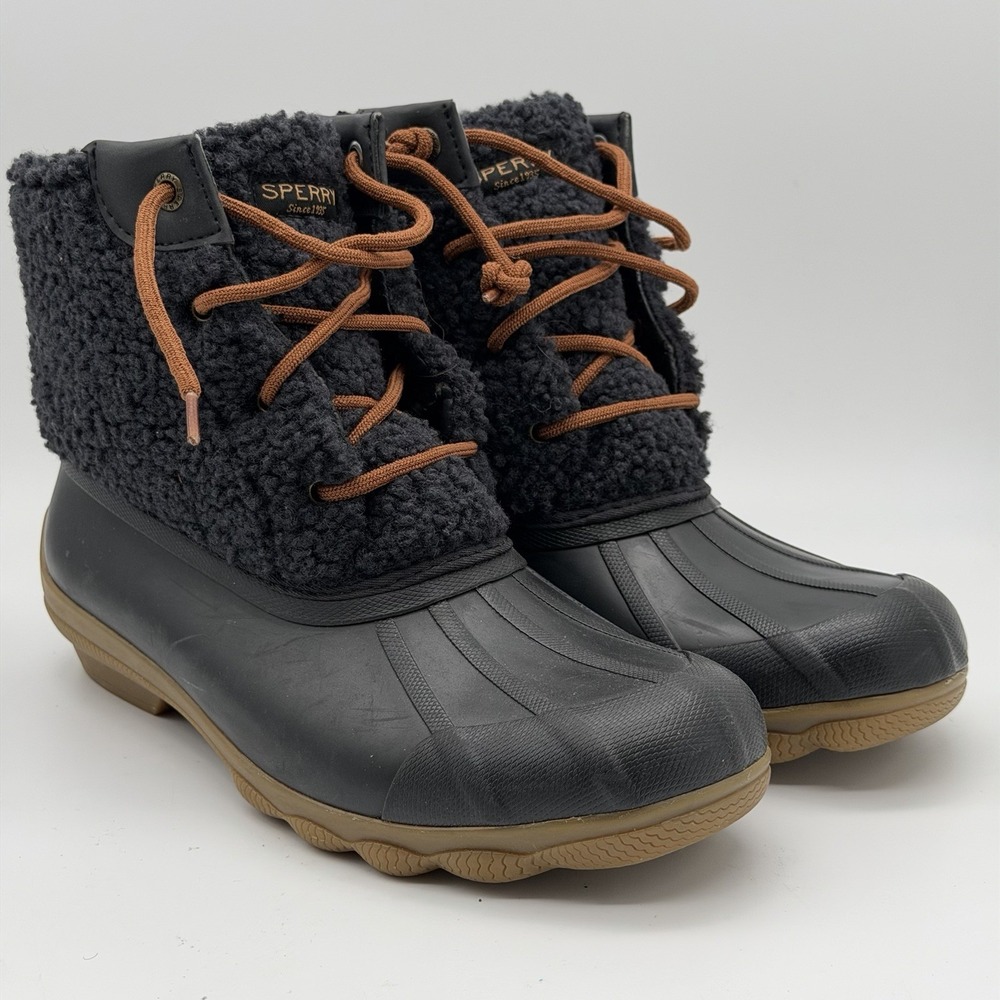 Sperry Womens Duck Boots 7.5 Black Sherpa Lined Side Zip Rain Winter STS88308